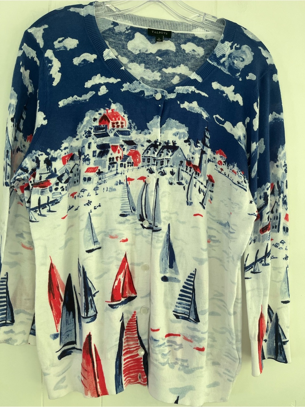 TALBOTS Sailboat Regatta Cotton Cardigan Size Large  Nautical - Picture 2 of 13